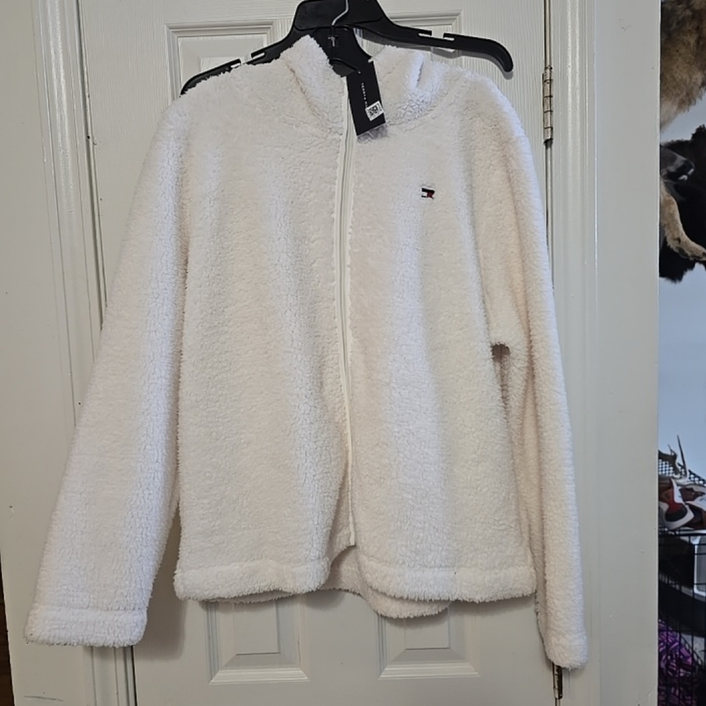 NWT TOMMY HILFIGER Faux Fur White Zip Up Jacket With Hood Womens Size L Sherpa